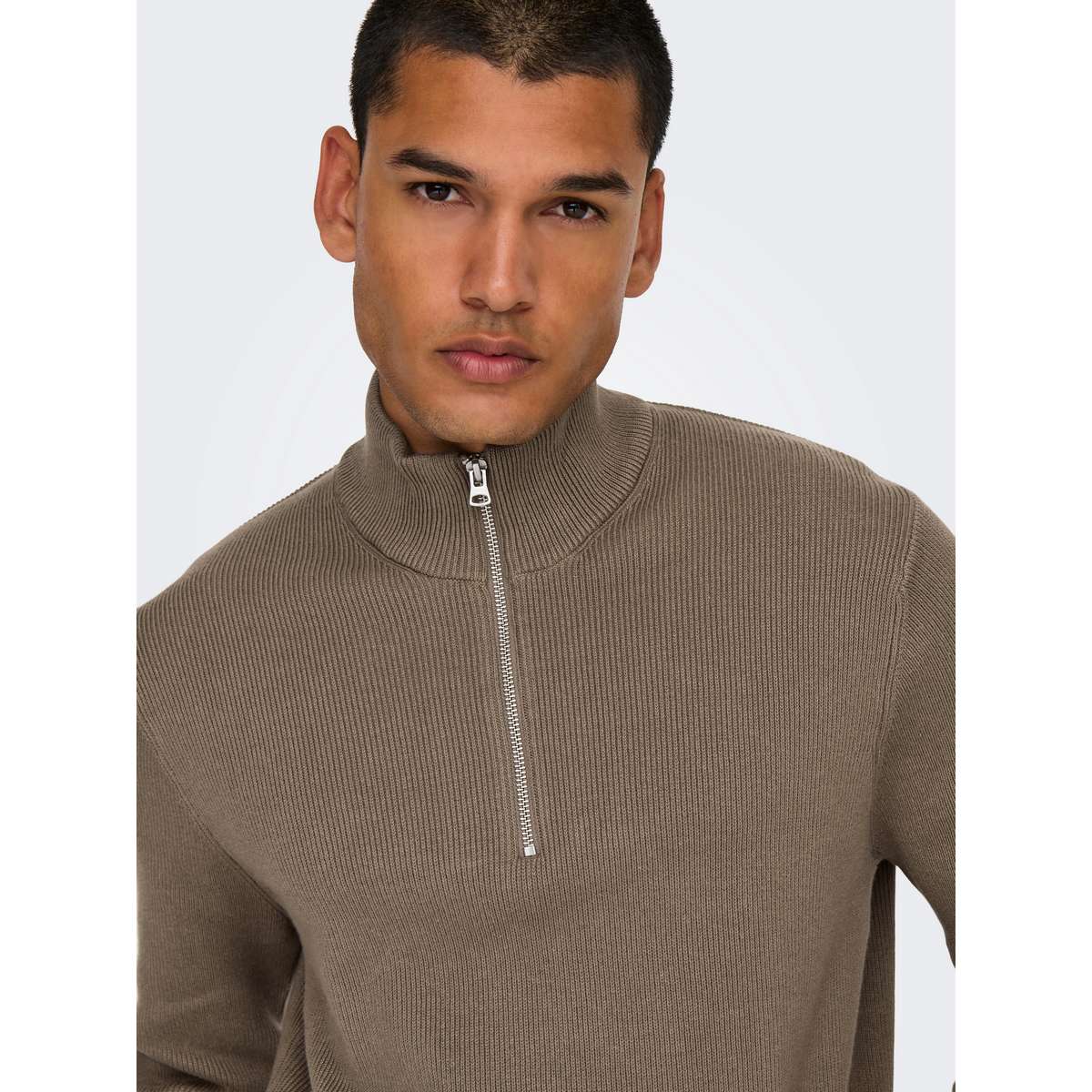 ONLY & SONS MEN΄S REGULAR FIT COTTON PHIL STRUCTURE HALF ZIP KNIT TAUPE BROWN